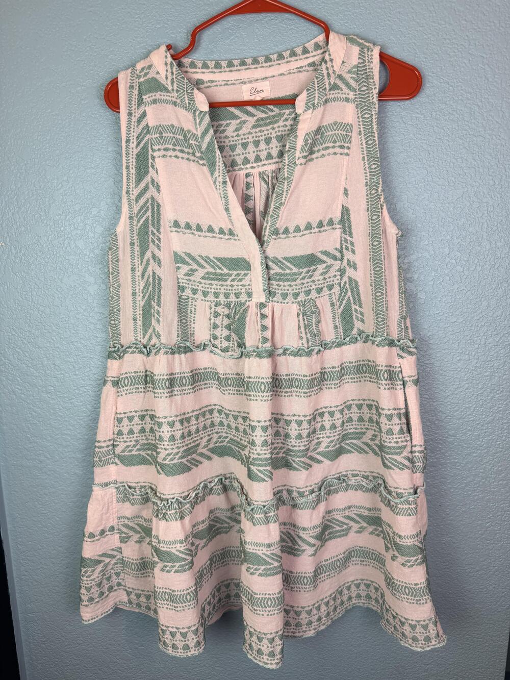 Elan Dress Womens Medium Pink Geometric Sleeveless Tiered Ruffle Hem Boho Summer